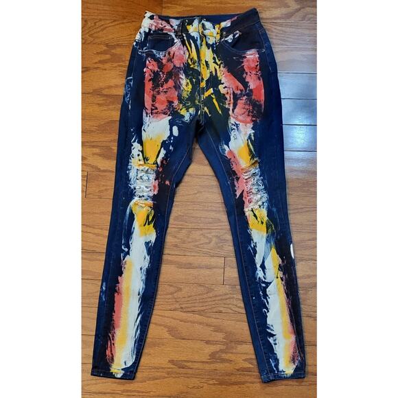 RED FOX Colorful Artsy Multi Colored Painted Neon Jeans Women Junior Size 11 - Picture 2 of 12